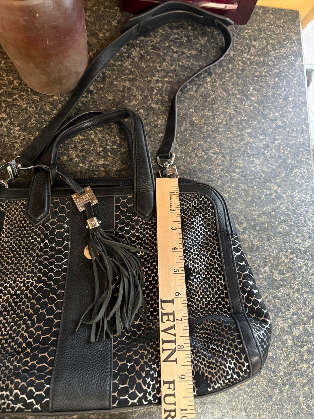 Aimee Kestenberg leather black and silver metallic satchel purse bag. - Picture 9 of 13